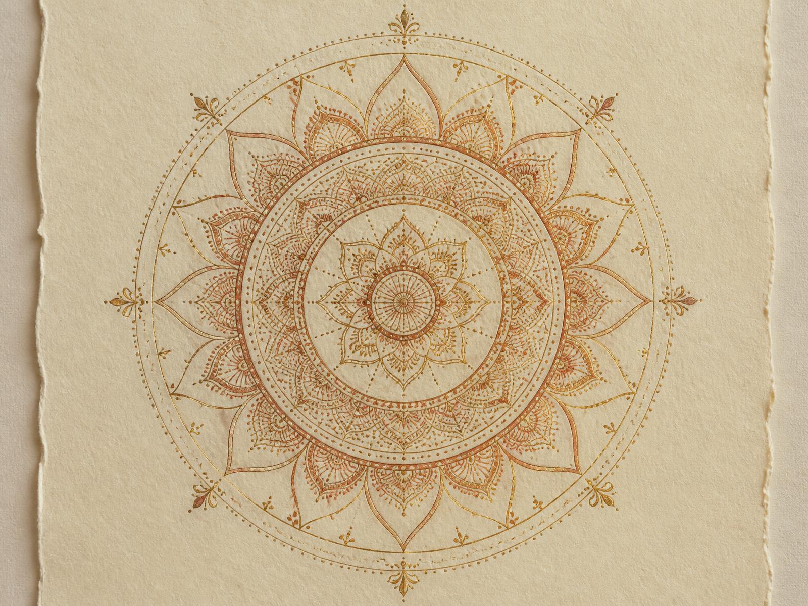 Detailed hand-drawn mandala in gold and terracotta ink