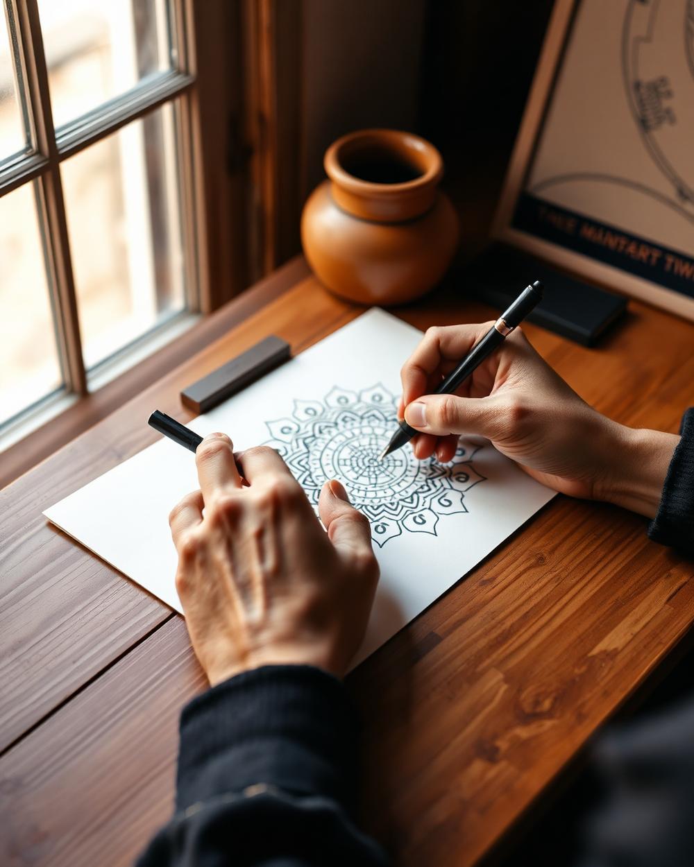 Shan Jain drawing a fine-line mandala at her studio desk