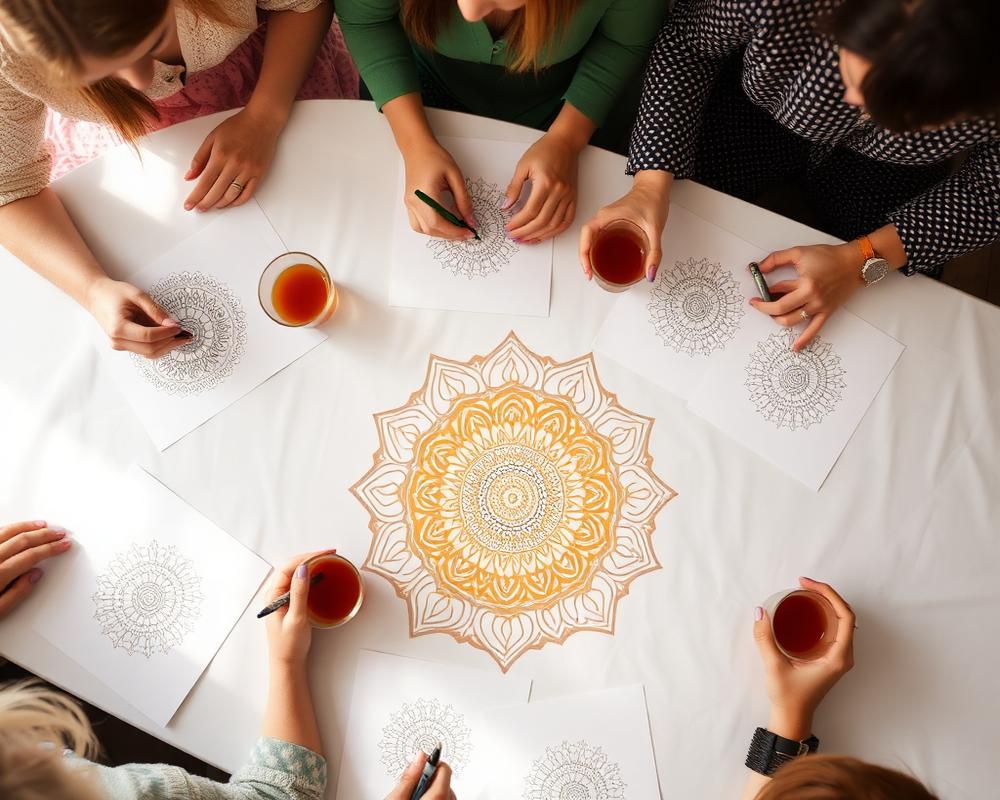 Participants drawing mandalas around a workshop table