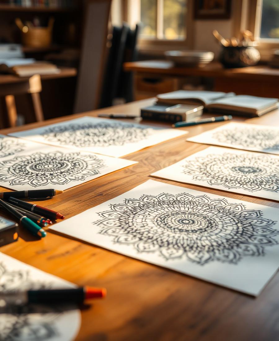 Finished mandala drawings laid out on a wooden table