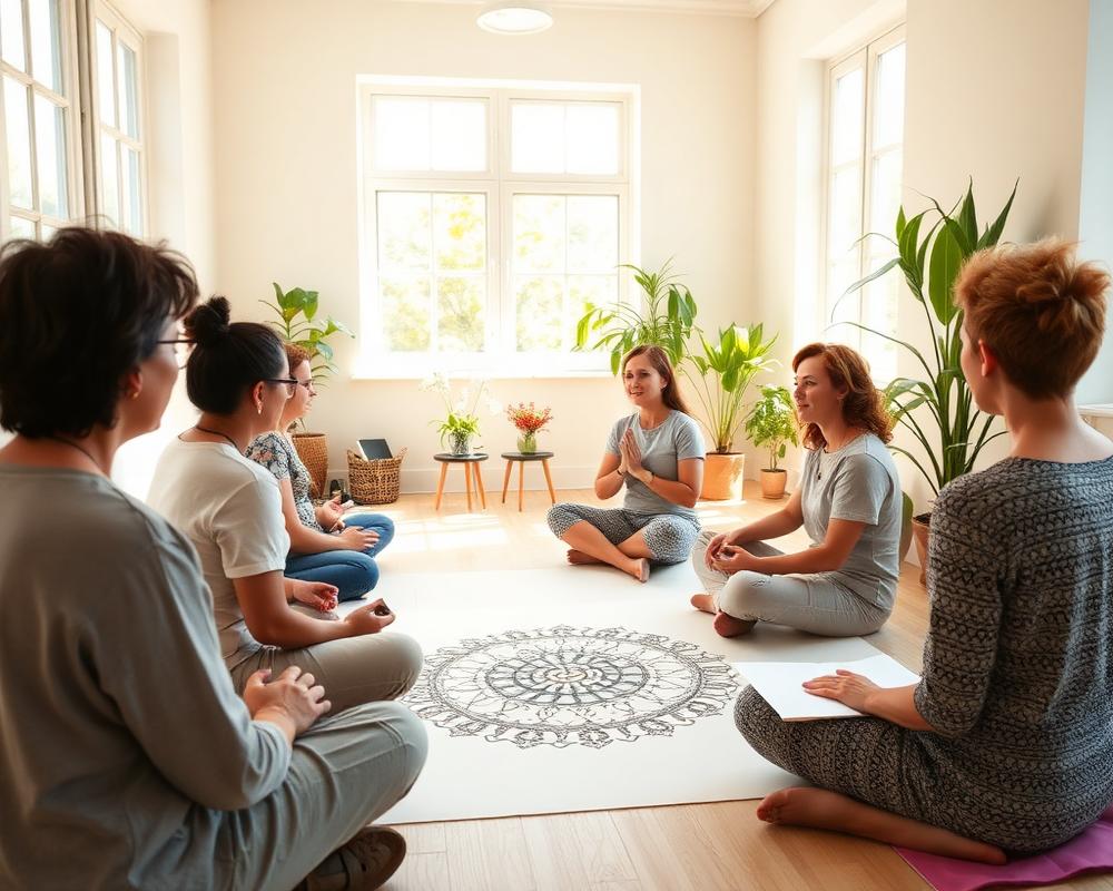 A small group seated in a studio during a mandala session