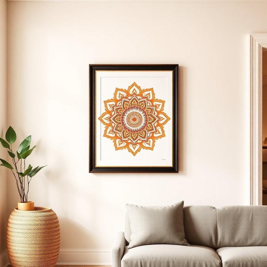 Framed custom mandala hanging in a home interior