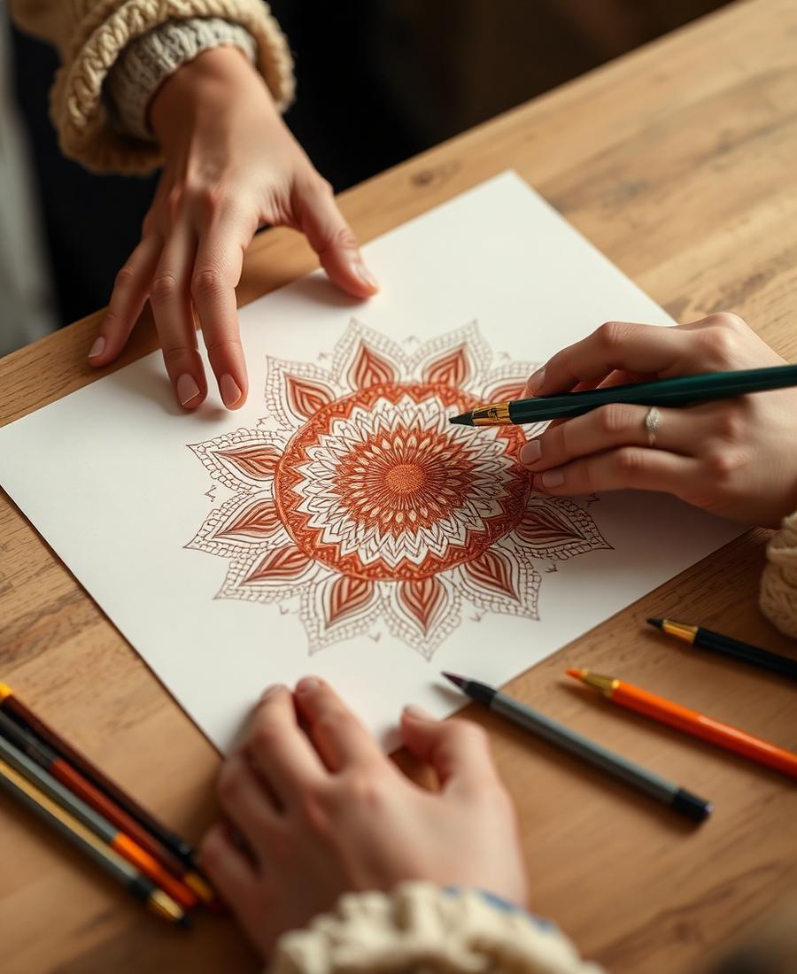 Hands finishing a terracotta mandala drawing